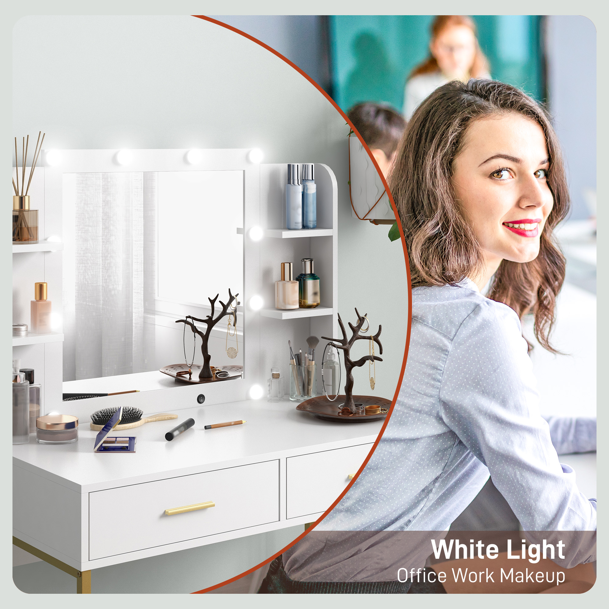 HOMCOM Dressing Table with Lighted Mirror, Cushioned Stool, Drawers, Shelves, LED Makeup Vanity Desk Set, Modern Dresser Vanity Table for Bedroom, White - Image 4