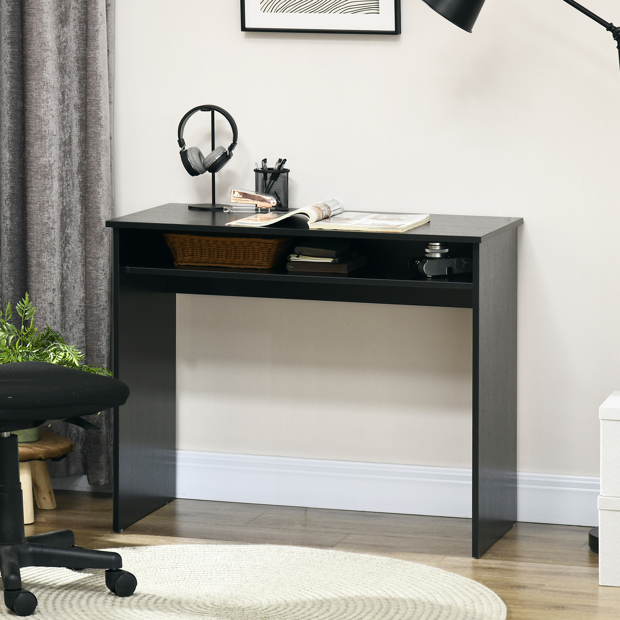 HOMCOM Modern Computer Desk, Home Office Table, Small Writing Desk with Storage Shelf, 90 x 50cm, Black Wood Grain - Image 7
