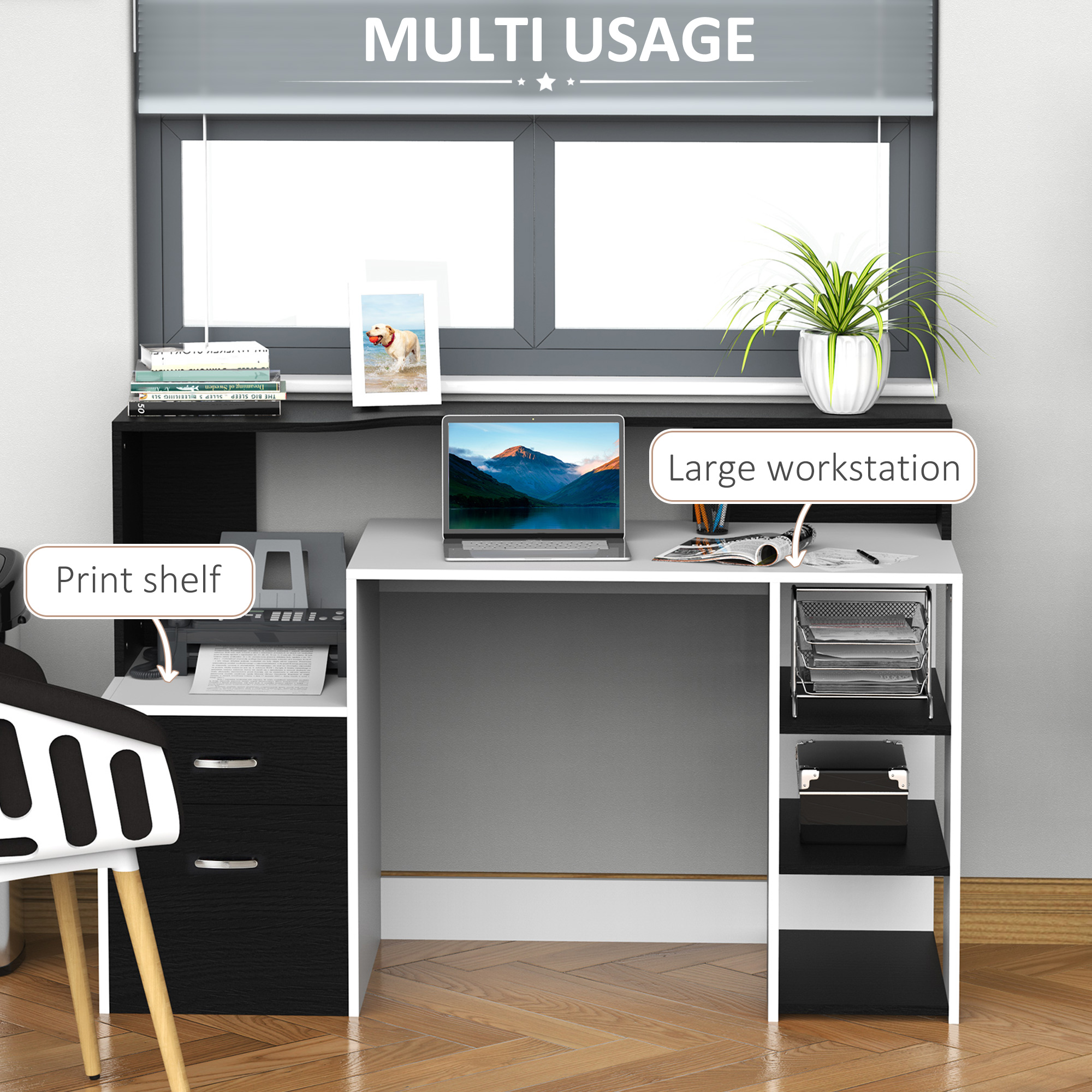 HOMCOM Computer Desk with Drawers and Storage Shelves, Office Desk Writing Table with Printer Stand, Large Workstation for Study Play Work Home Office, 137 x 55 x 92cm, Black and White - Image 4