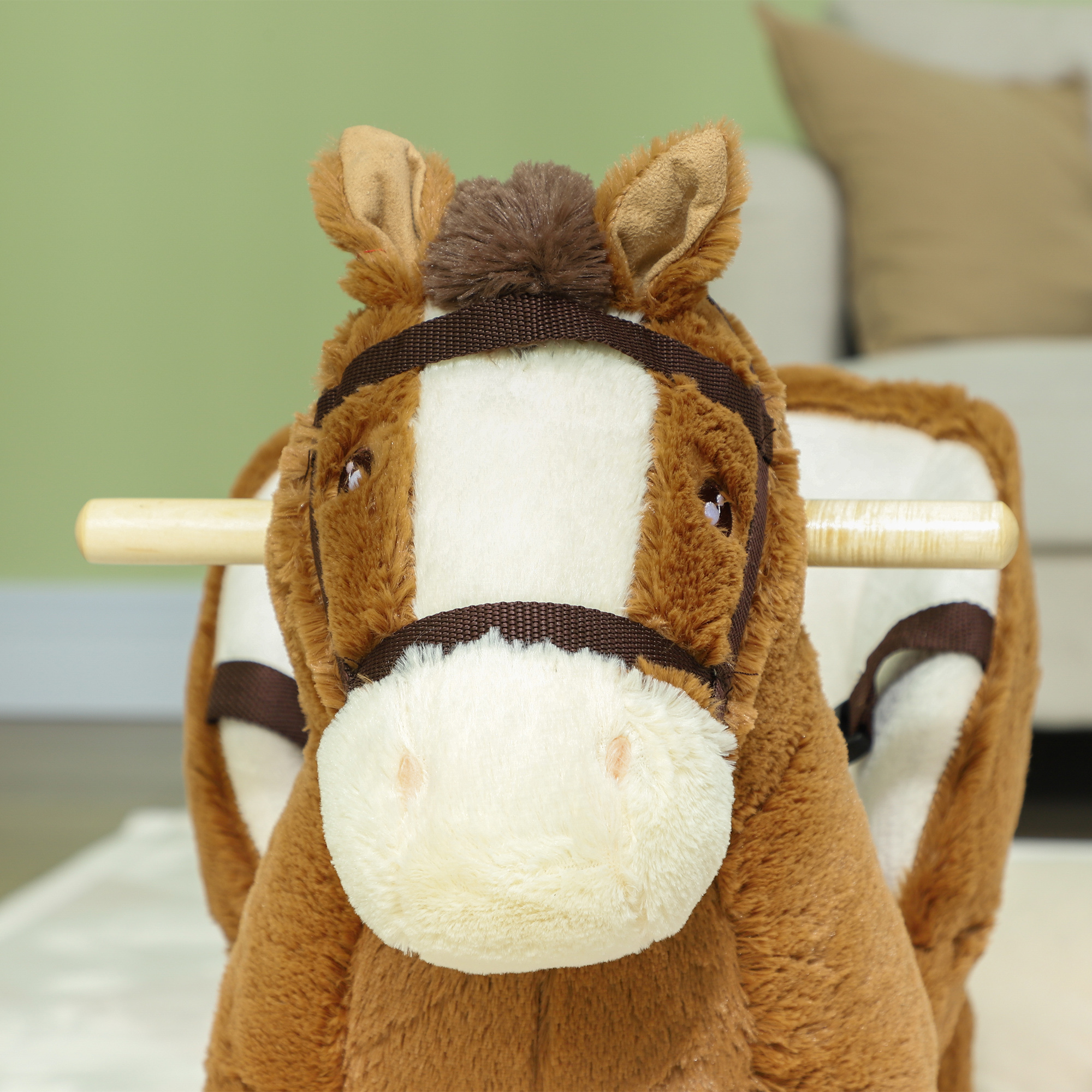 AIYAPLAY Kids Rocking Horse, Plush Ride on Horse, with Sound, Wood Base, for Ages 18-36 Months, Brown - Image 9