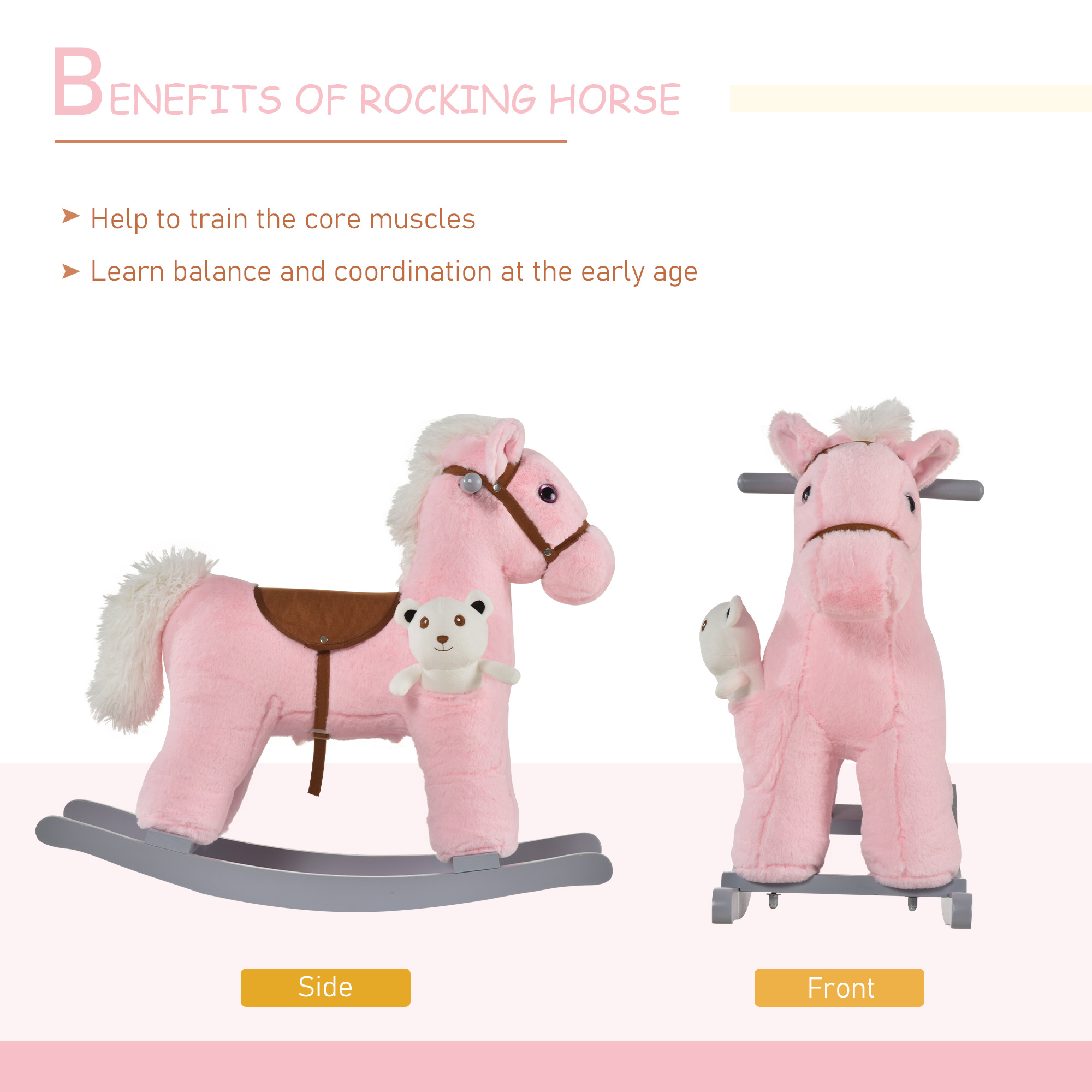 HOMCOM Kids Plush Ride-On Rocking Horse Toy Rocker with Plush Toy Realistic Sounds for Child 18-36 Months Pink - Image 5