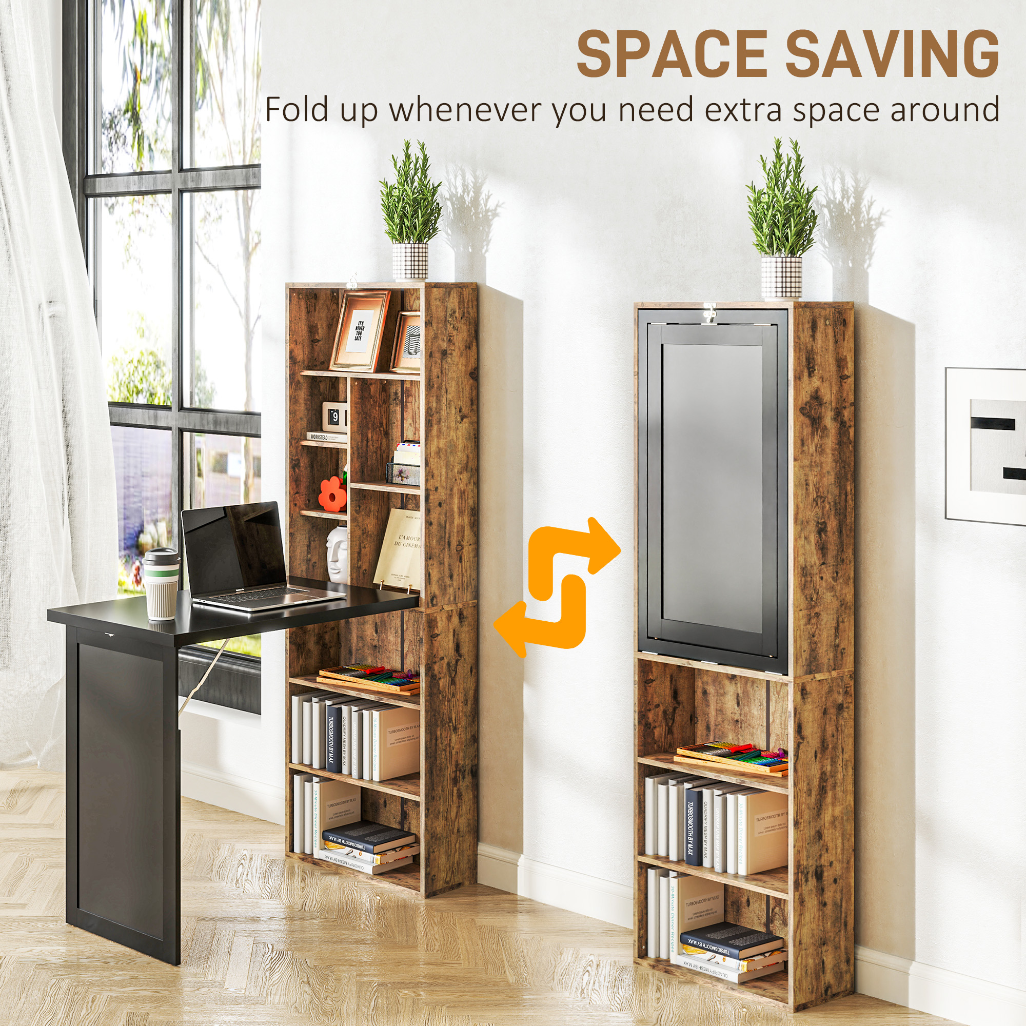 HOMCOM Folding Desk with Blackboard Multi-function Computer Office Workstation Side Shelf for Home Office, Rustic Brown - Image 4