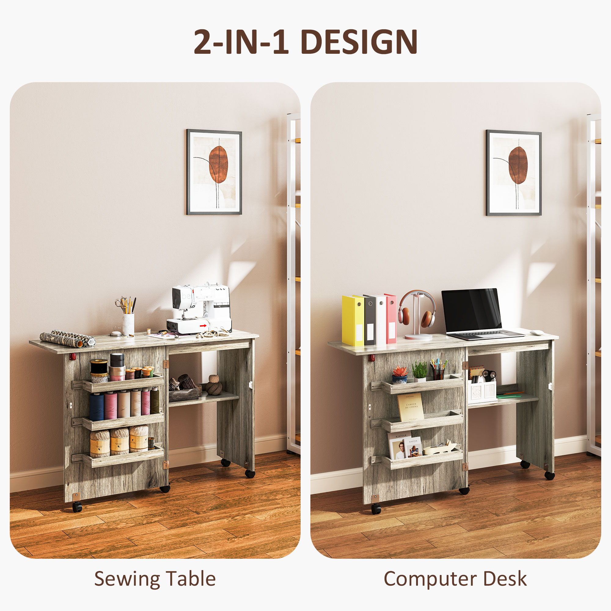 HOMCOM Folding Sewing Table, Drop Leaf Craft Table with Storage Bins, Open Shelf and Wheels, Rolling Sewing Machine Cabinet Computer Desk for Small Space, Grey - Image 6