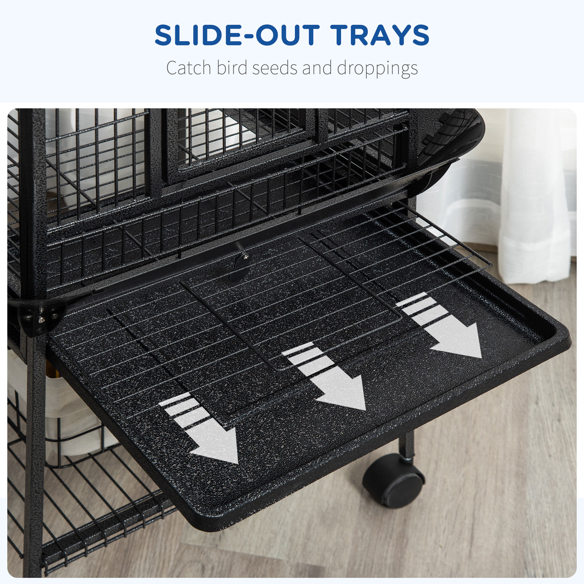 PawHut 156cm Bird Cage,Large Parrot Cage with Open Play Top, Perch, Seed Guard, Wheels, Storage Shelf, Dark Grey - Image 4