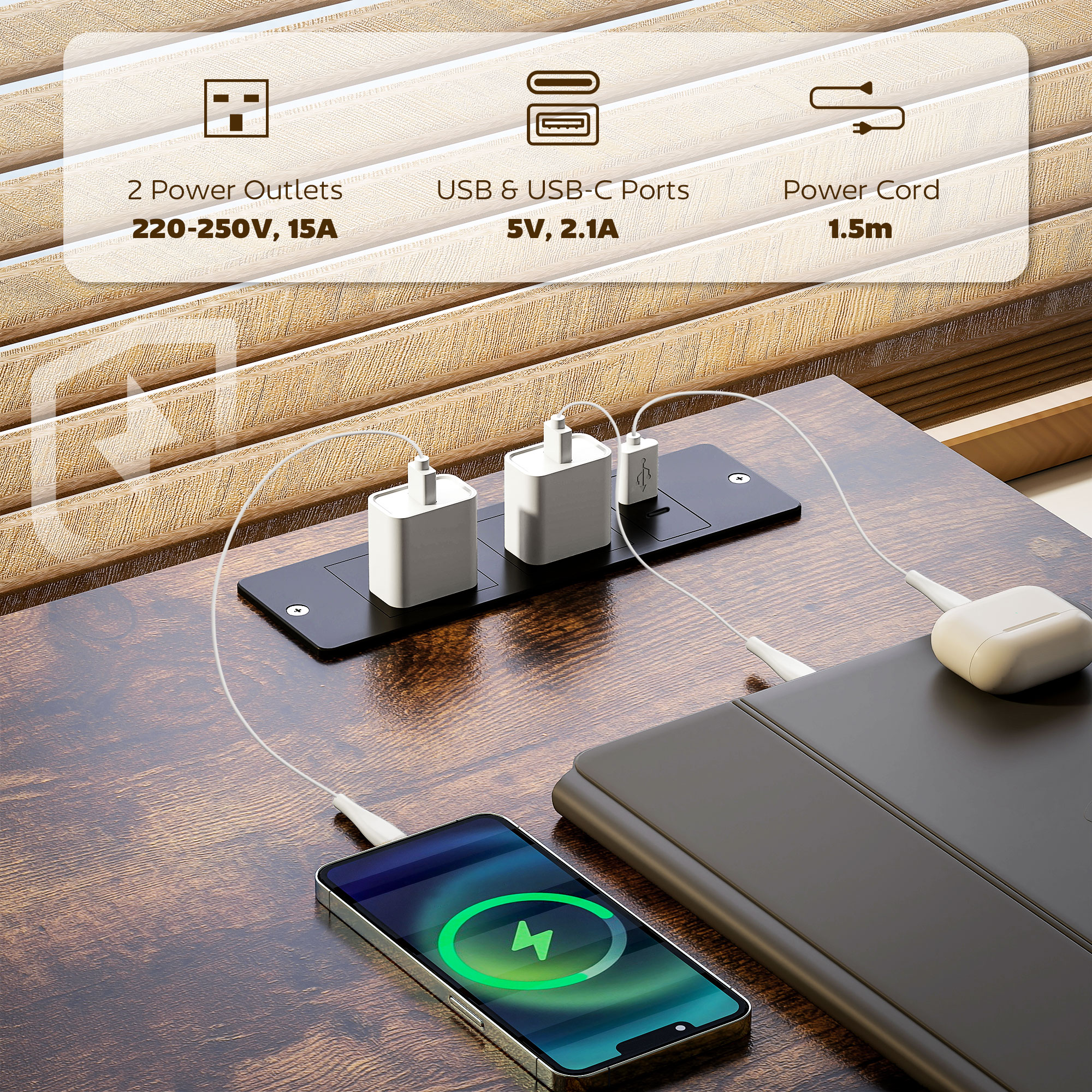 HOMCOM 120cm Computer Desk with Power Outlets, Office Desk Study Table with Fabric Drawers and Storage Shelves, Rustic Brown - Image 5