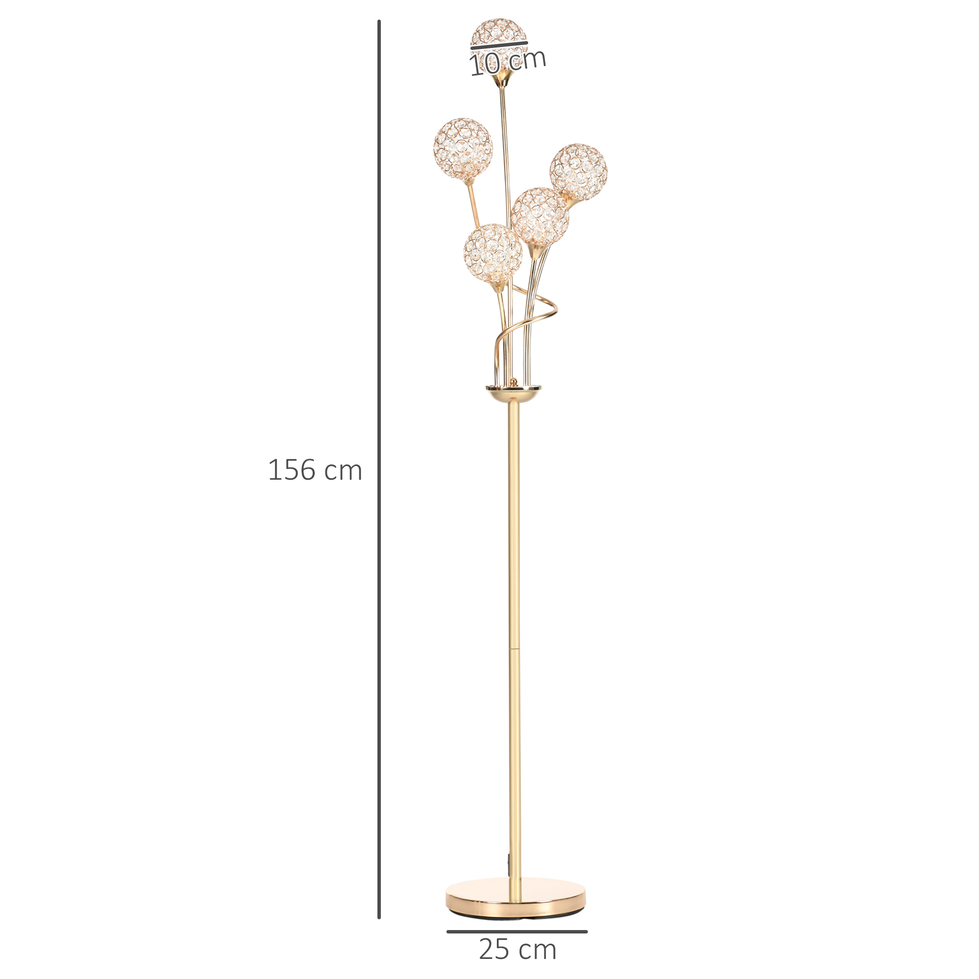 HOMCOM Crystal Floor Lamps for Living Room Bedroom with 5 Light, Modern Upright Standing Lamp, 34x25x156cm, Gold Tone - Image 3