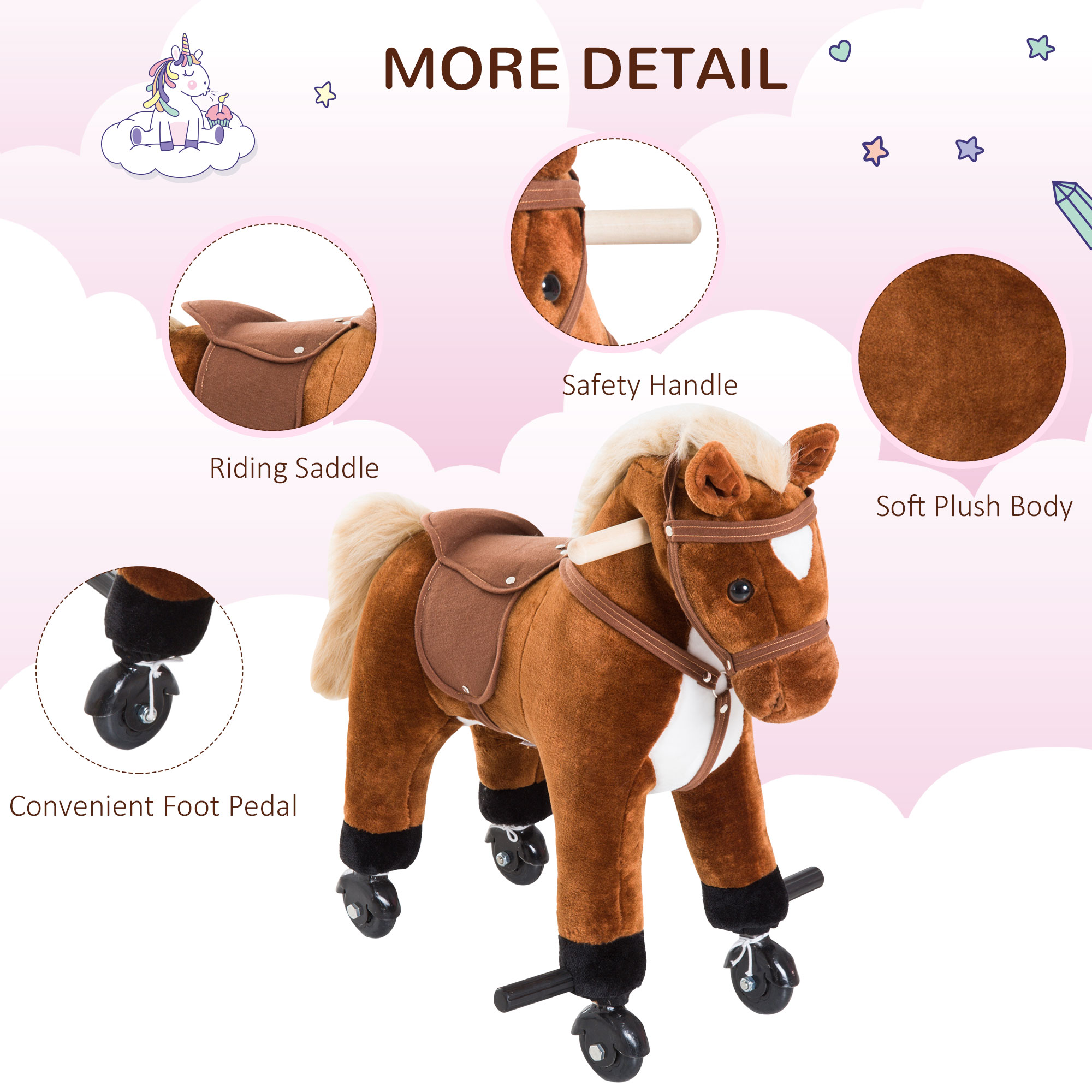HOMCOM Rocking Horse Kids Ride on Walking Horse Animal Pony Wheeled Riding Plush Toy w/Sound for 2 Years and Up (Brown) - Image 7