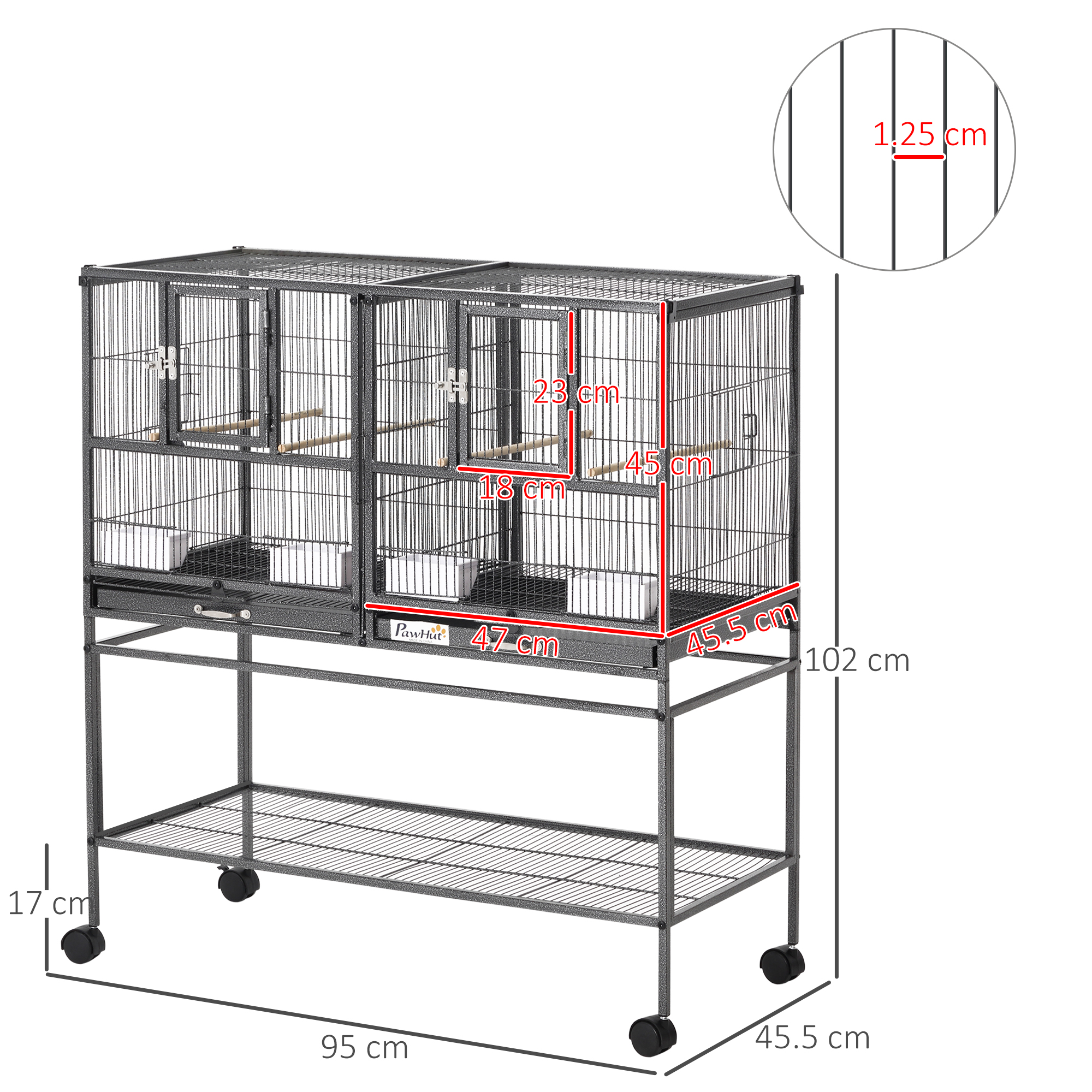 PawHut Large Bird Cage Parrot Cage with Divider, Slide Tray for Finch Canaries Parakeets Cockatiels, 95 x 45.5 x 102 cm - Image 3