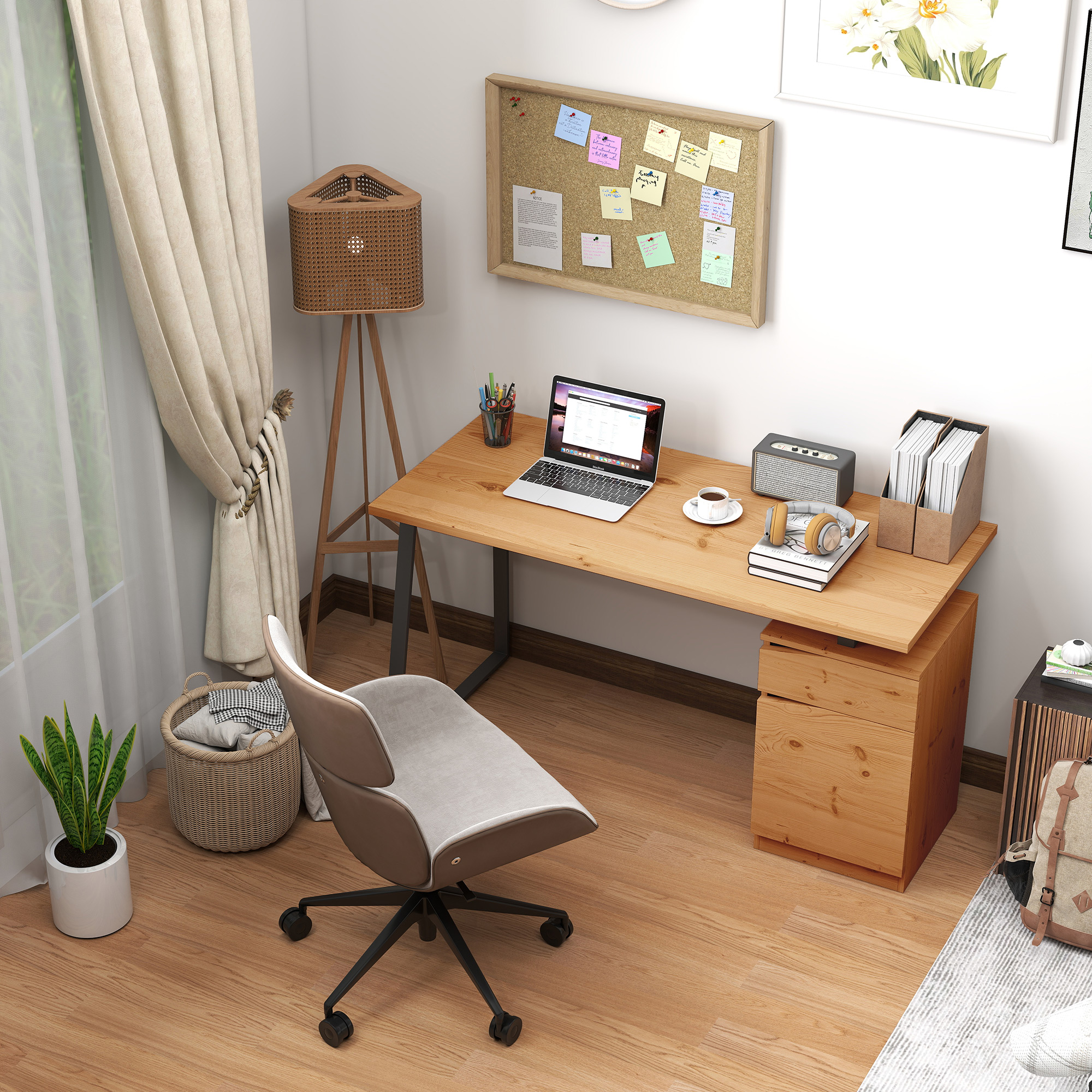 HOMCOM Computer Desk, Writing Desk with Cabinet, Drawer, Metal Legs, Work Table for Home Office Study, Natural Wood Finish - Image 8